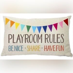 Playroom Rules Decorative Throw Pillow Case Cover Cotton Linen Rainbow Flag NEW